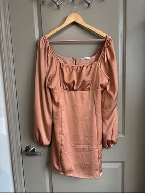 Satin Long Sleeve Square Neck Mini Dress - Rust